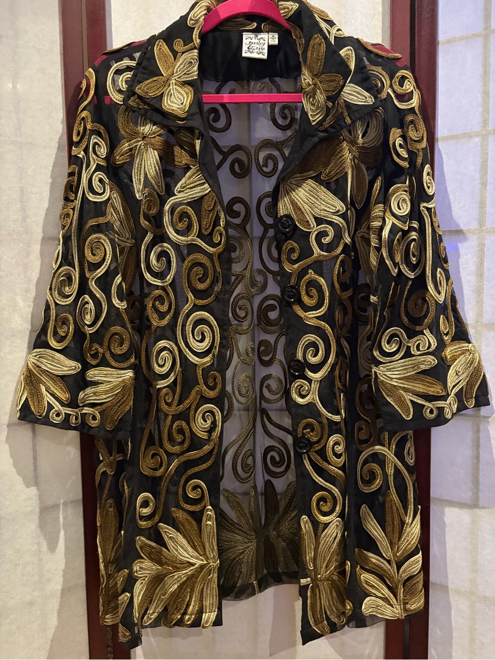 Parsley & Sage Embroidered Sheer Open Front Jacket Black Gold Size Small